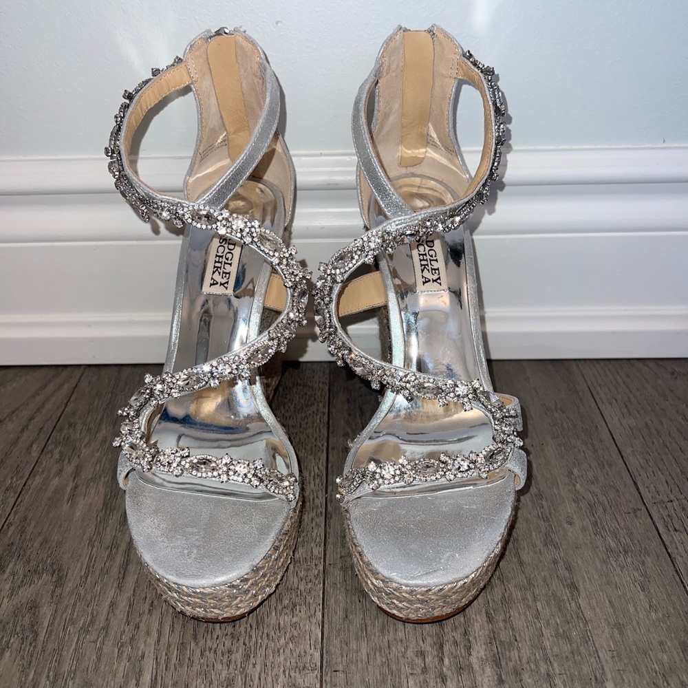 Badgley Mischka Silver Jeweled Wedge Sandals